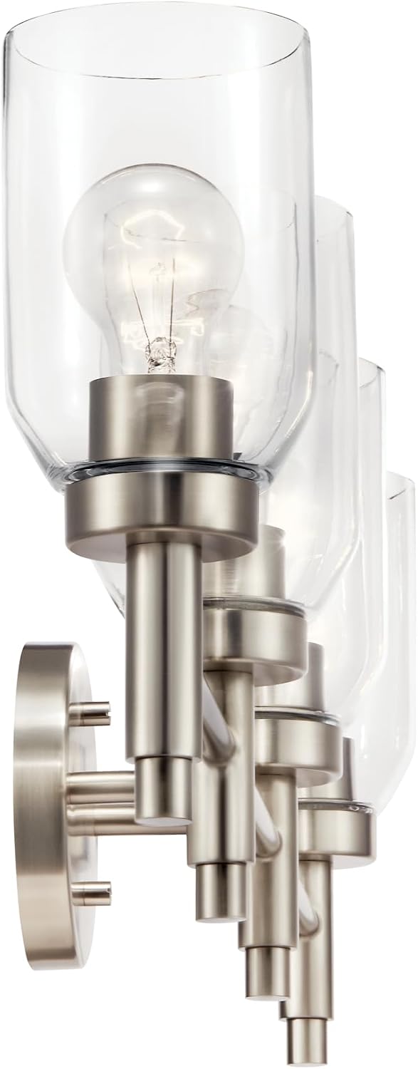 Kichler Madden 4-Light Bathroom Vanity Light Fixture with Clear Glass in Brushed Nickel, Modern Wall Mount for Single or Double Vanity Over Mirror (10.5' x 34'), 55186NI