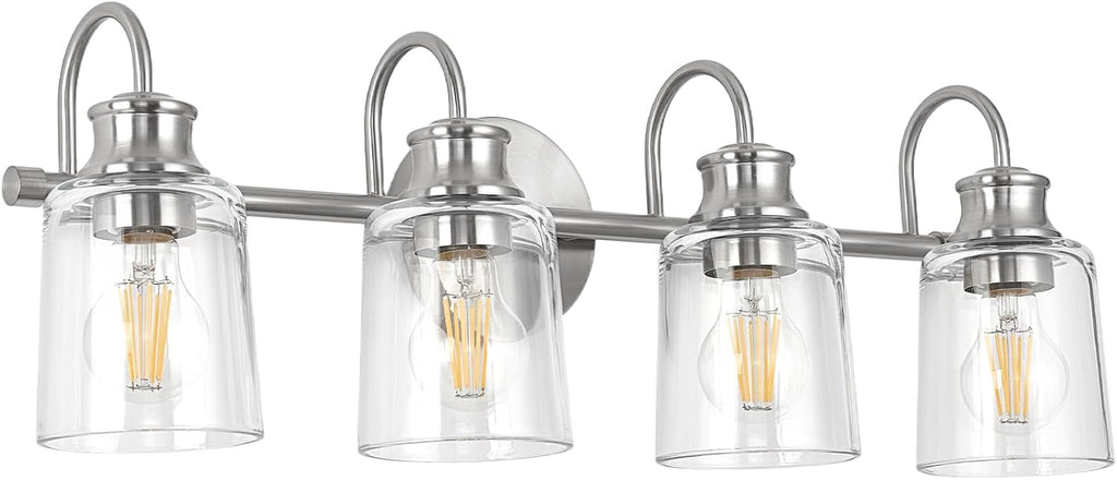 4 Lights Bathroom Light Fixtures Modern Brushed Nickel Vanity Lights for Bathroom Lighting Fixtures Over Mirror with Clear Glass Shade for Cabinet Mirror Bedroom Hallway