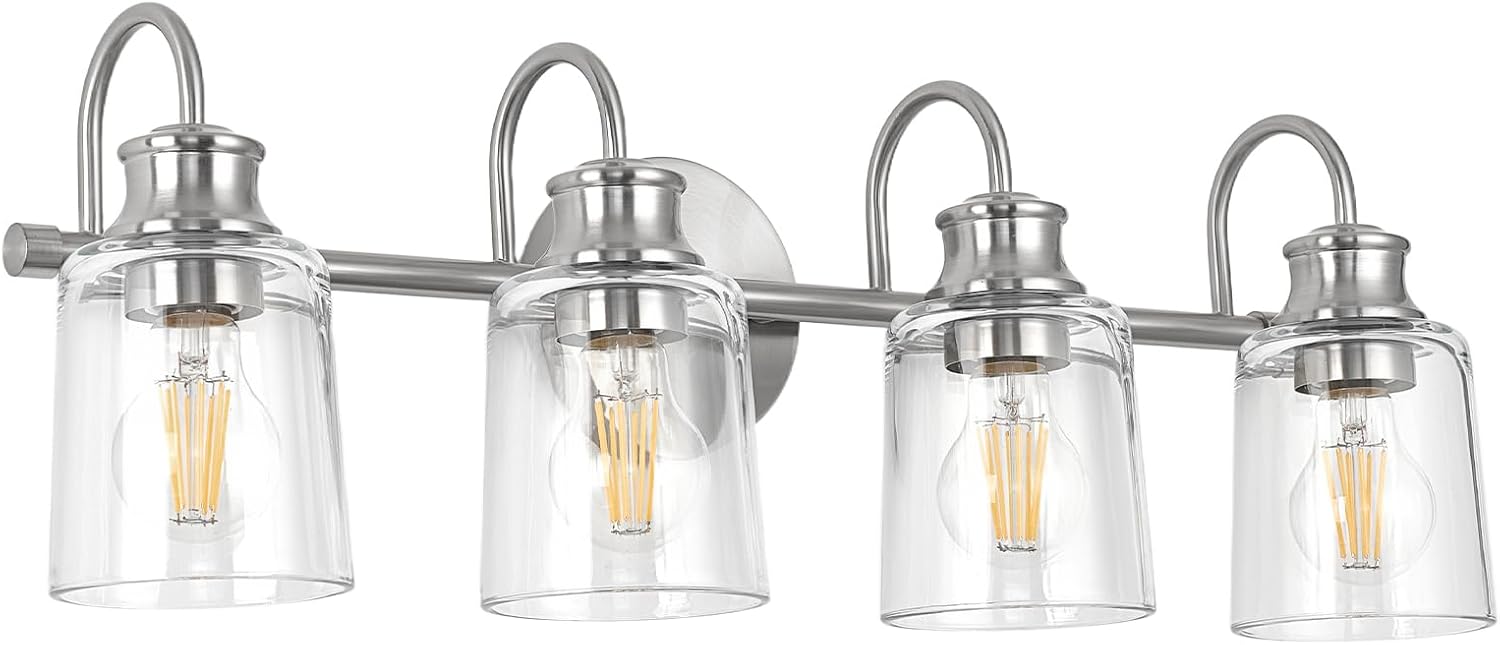 4 Lights Bathroom Light Fixtures Modern Brushed Nickel Vanity Lights for Bathroom Lighting Fixtures Over Mirror with Clear Glass Shade for Cabinet Mirror Bedroom Hallway