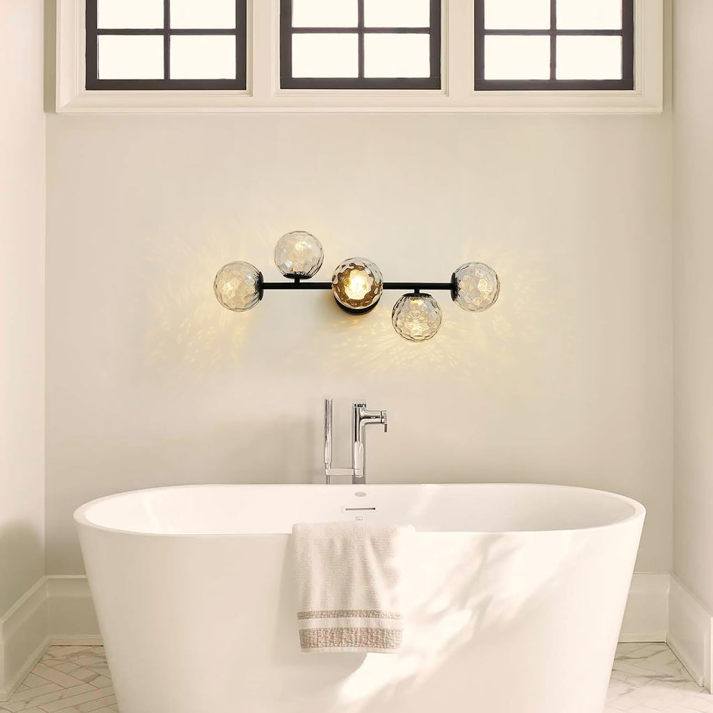 Black LED Bathroom Vanity Light: 5-Light Hammered Clear Glass Globe Bathroom Vanity Lights Fixture over Mirror - Mid Century Modern Dimmable Matte Black Bath Room Makeup Fireplace Wall Sconce Lighting