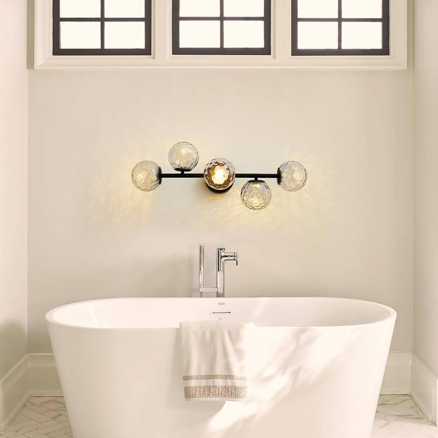 Black LED Bathroom Vanity Light: 5-Light Hammered Clear Glass Globe Bathroom Vanity Lights Fixture over Mirror - Mid Century Modern Dimmable Matte Black Bath Room Makeup Fireplace Wall Sconce Lighting