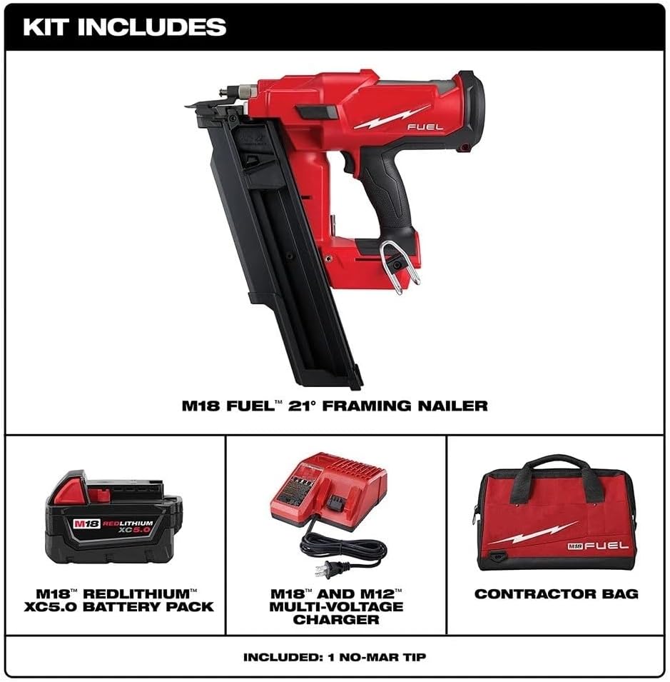2744-21 for Milwaukee M18 18V Cordless Power 21-Degree Framing Nailer Kit | Length 14.1in Height 15.2in Width 4.7in Weight 10.05lbs