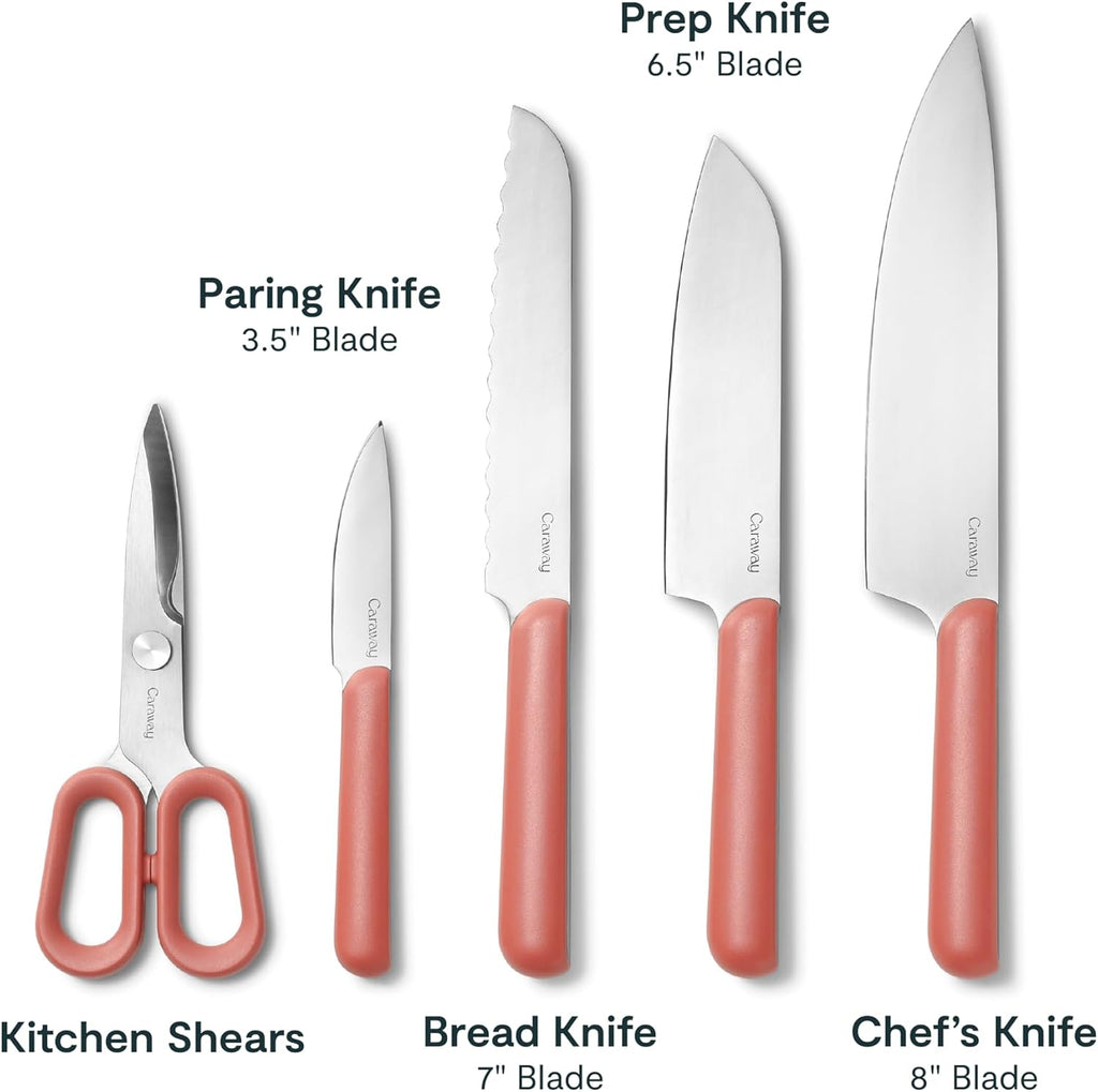 Caraway 5 Piece Knife Set - Premium German Steel Blade Kitchen Knives - Ergonomic Handles - No Microplastics - Perracotta