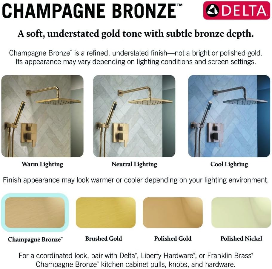 Delta Arvo 14 Series Brushed Gold Bathtub Shower Faucet Set with In2ition 2-in-1 Dual Shower Head with Handheld Spray Combo, Valve Trim Kit, Champagne Bronze 144840-CZ-I (Valve Included)