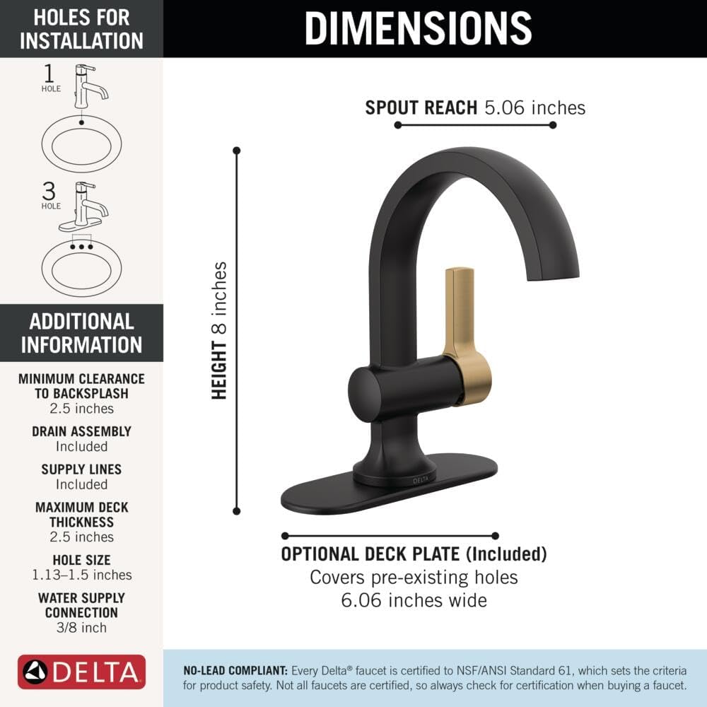 Delta Albion Matte Black/Brushed Gold Bathroom Faucet 1 Hole, Single Hole Bathroom Sink Faucet for Vanity, Metal Push-Pop Drain Assembly, Matte Black/Champagne Bronze 15855LF-GZ