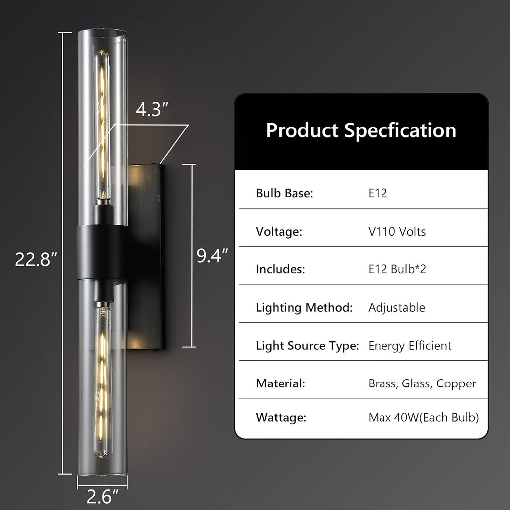 22.8' Bathroom Sconces Set of 2 – Modern Linear Hardwired Wall Sconce with Clear Glass Tube, Horizontal or Vertical Mount, for Bathroom Mirror, Bedroom & Living Room, Bulb Included