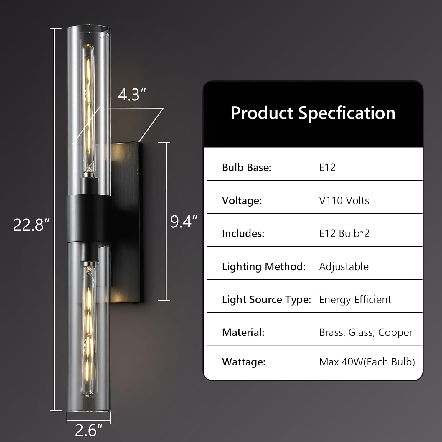 22.8' Bathroom Sconces Set of 2 – Modern Linear Hardwired Wall Sconce with Clear Glass Tube, Horizontal or Vertical Mount, for Bathroom Mirror, Bedroom & Living Room, Bulb Included