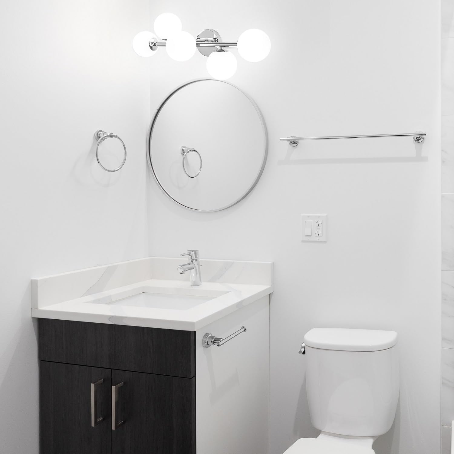 Bathroom Vanity Lights, Mid Century Modern 5-Light Bathroom Light Fixtures, Chrome Bathroom Lights Ceiling Light, Wall Sconces Wall Mount Light Fixtures with Milk Globe Glass, Chrome Finish, G9 Base