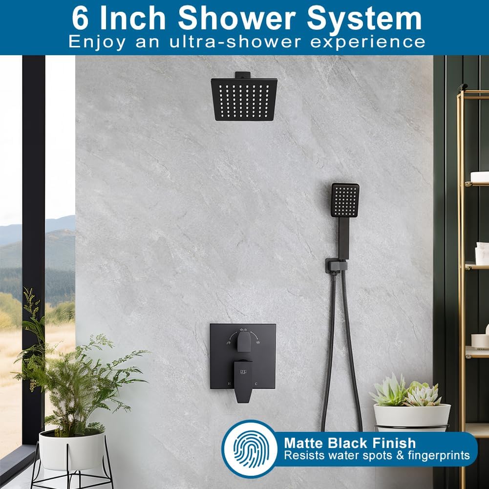 Matte Black Shower Faucet Set Rainfall 6 Inch Shower Head and Handle Set Bathroom Rain Shower System Wall Mounted Shower Fixture Include Shower Valve and Trim Kit