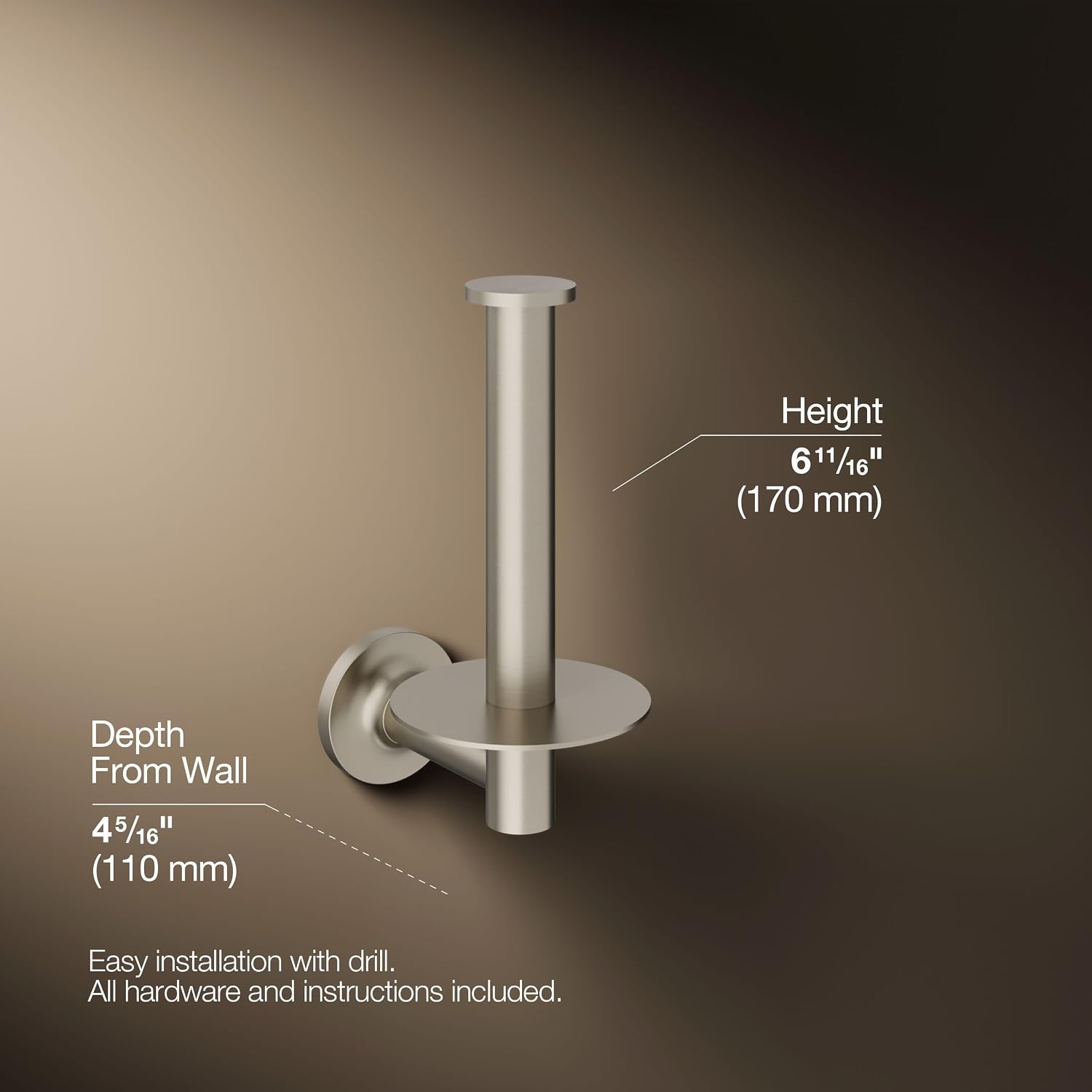 KOHLER 14444-BN Purist Vertical Toilet Paper Holder Wall Mount, Metal Toilet Paper Holder, Vibrant Brushed Nickel