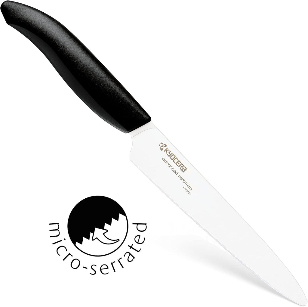 Kyocera Advanced Ceramics – Revolution Series 3-Piece Ceramic Knife Set: Includes 6-inch Chef's Knife; 5-inch Micro Serrated Knife; and 3-inch Paring Knife; Black Handles with White Blades