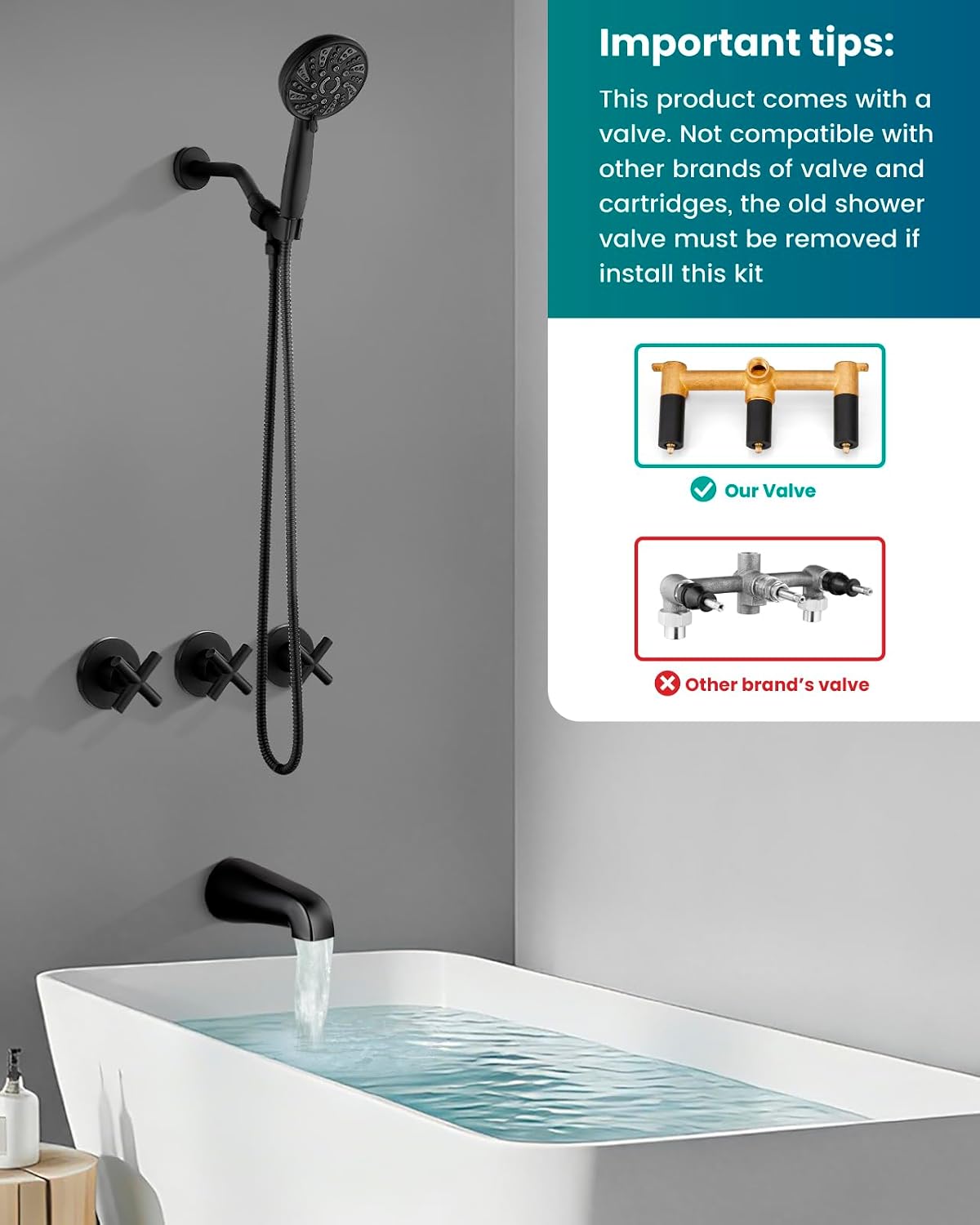 gotonovo 3 Handle Tub Shower Faucet Set,Shower System with Tub Spout,Shower Head and Handle Set with 6 Settings Handheld Spray Tub and Shower Faucet Combo Wall Mount Tub Shower Fixture Matte Black