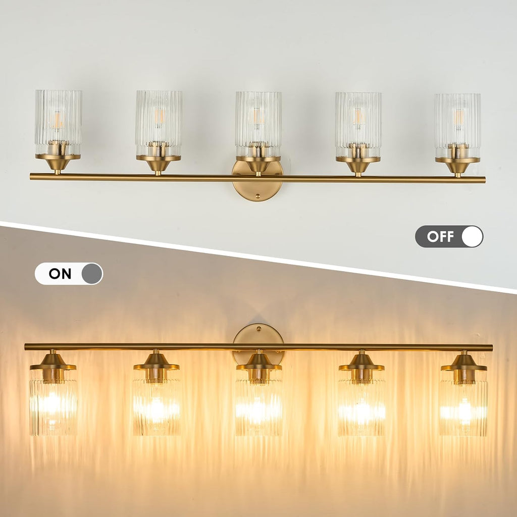 Jonsi Gold Bathroom Light Fixtures 5-Light Vanity Lights Modern Wall Sconce with Clear Glass Shade Brushed Brass Bathroom Light Fixture Over Mirror for Bedroom Hallway Kitchen