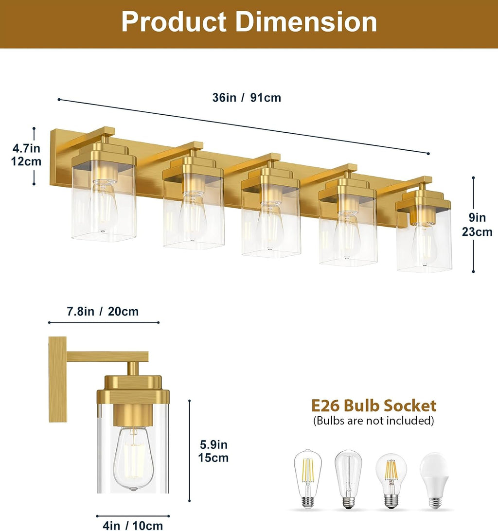 Brushed Gold Bathroom Light Fixtures, 5 Lights Bathroom Lighting Fixtures Over Mirror, Square Design & Rectangle Large Backplate, Modern Vanity Lighting Fixtures, for Living Room/Bedroom