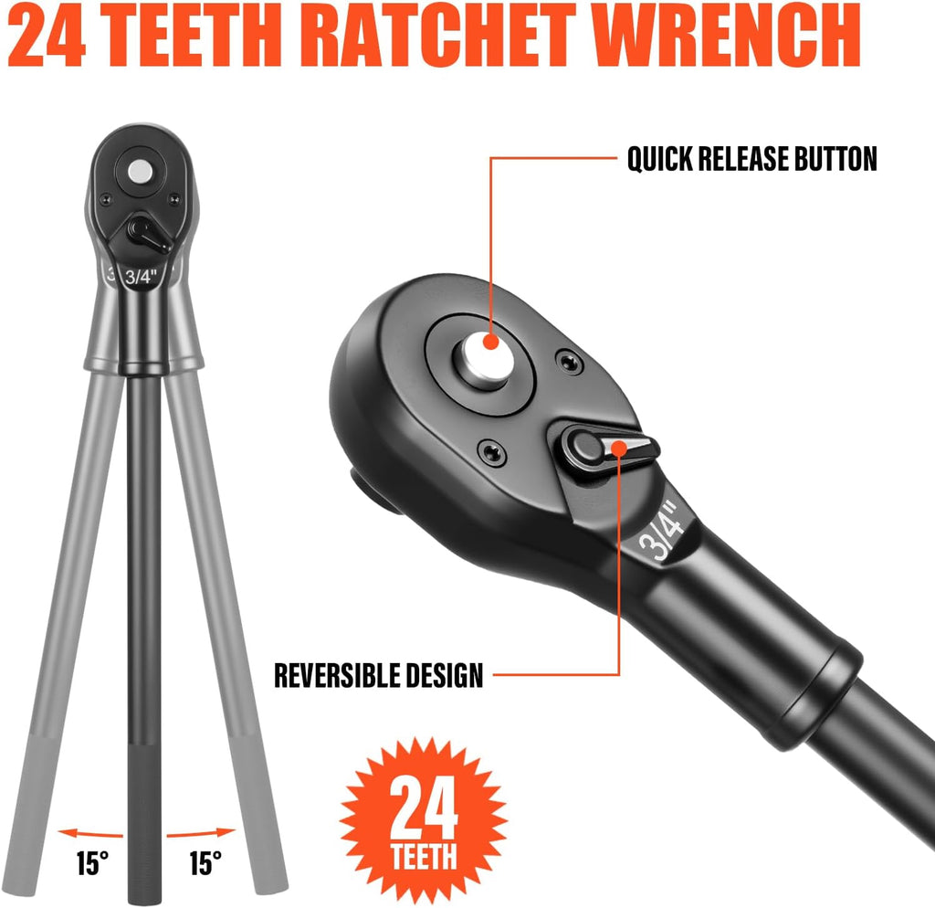 3/4' Drive Deep Impact Socket Set,21Pcs SAE (3/4 to 2 Inch) Sizes with Ratchet Wrench (24 tooth) Andextension Rod,6-Point Socket,Cr-Mo Steel Includes Adapters