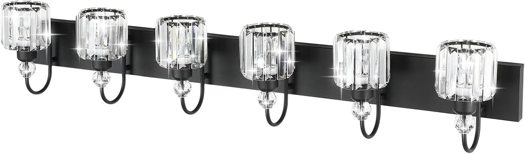Ralbay Modern 6-Light Black Crystal Vanity Lights for Bathroom - Matte Black Crystal Wall Light Fixtures