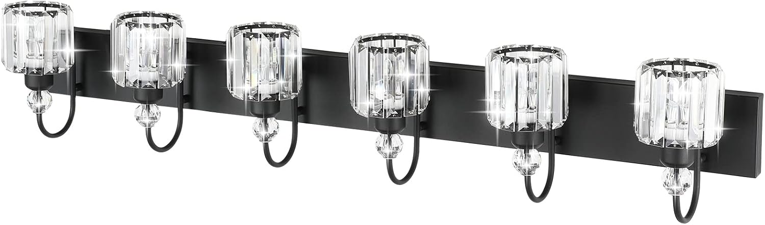 Ralbay Modern 6-Light Black Crystal Vanity Lights for Bathroom - Matte Black Crystal Wall Light Fixtures