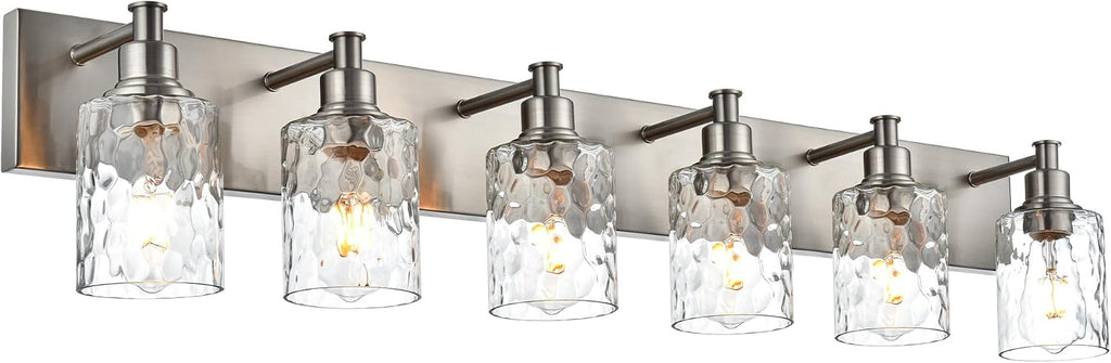BONLICHT Vanity Light Fixture Brushed Nickel 6-Light Modern Farmhouse Wall Sconce Bathroom Lighting with Hammered Glass Industrial Wall Mount Lights for Kitchen Dining Room Cabinet Corridor