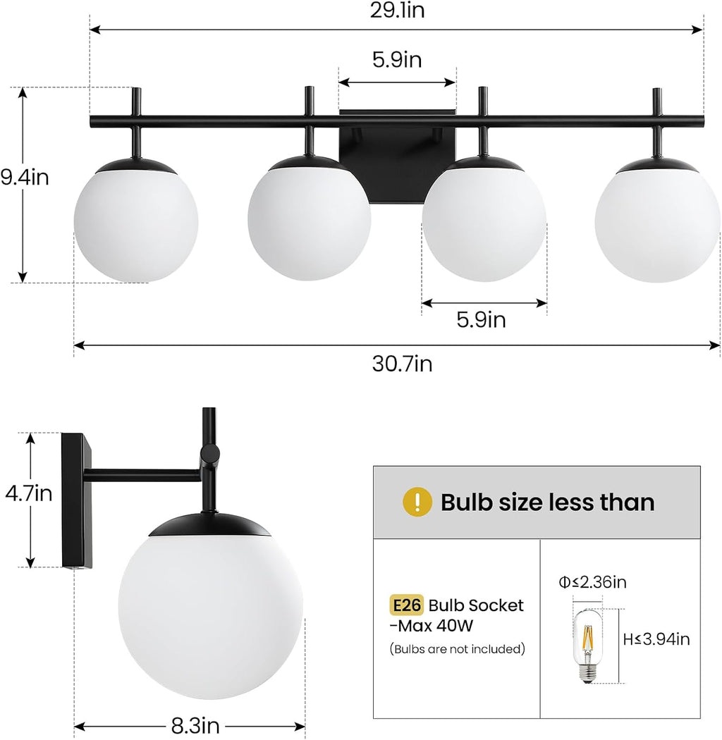 AIJIASI Bathroom Lighting Fixtures Over Mirror, 4-Light Matte Black Vanity Light, 30.7 Inch Modern Bathroom Light Fixtures with Milky White Glass Globe Shade Bath Vanity Lighting Fixtures Wall Sconce