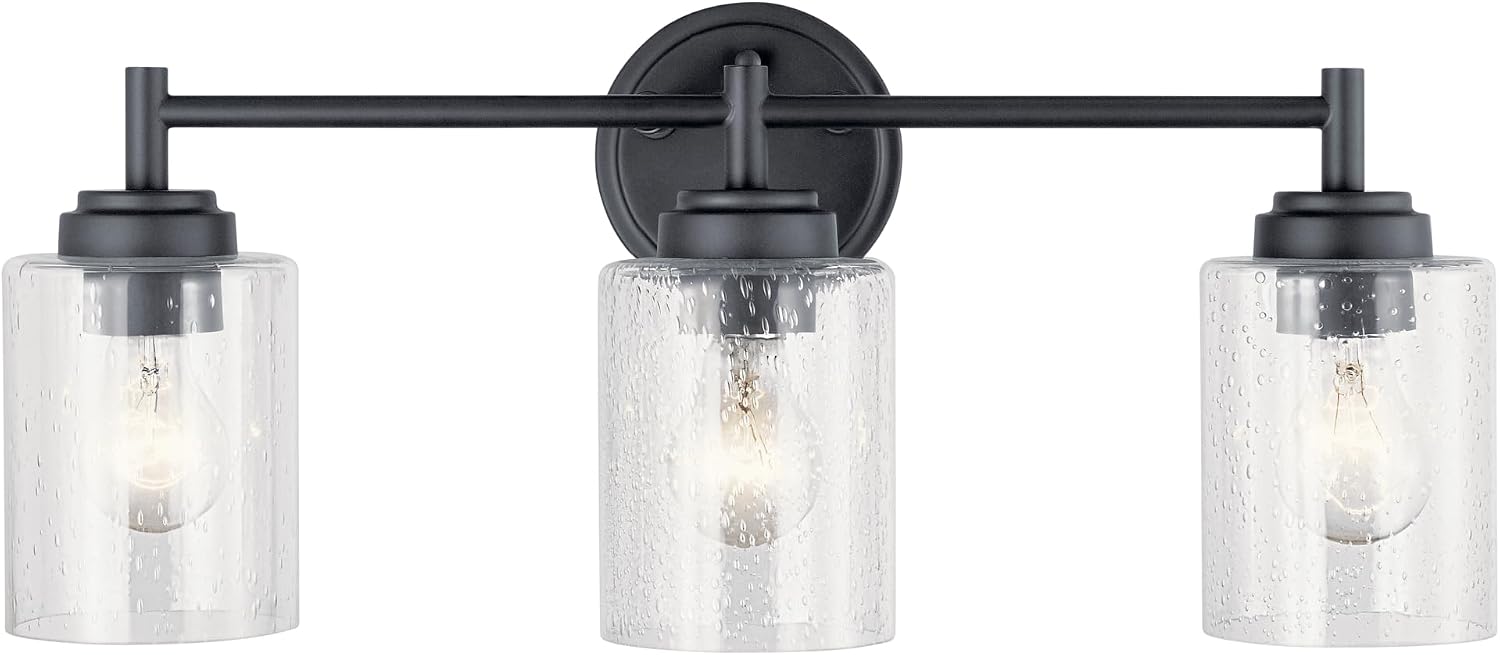 Kichler Winslow 21.5' 3-Light Bathroom Vanity Light Fixture with Clear Seeded Glass in Black, Modern Wall Mount Lighting for Mirror over Vanity in Bathroom, 45886BK