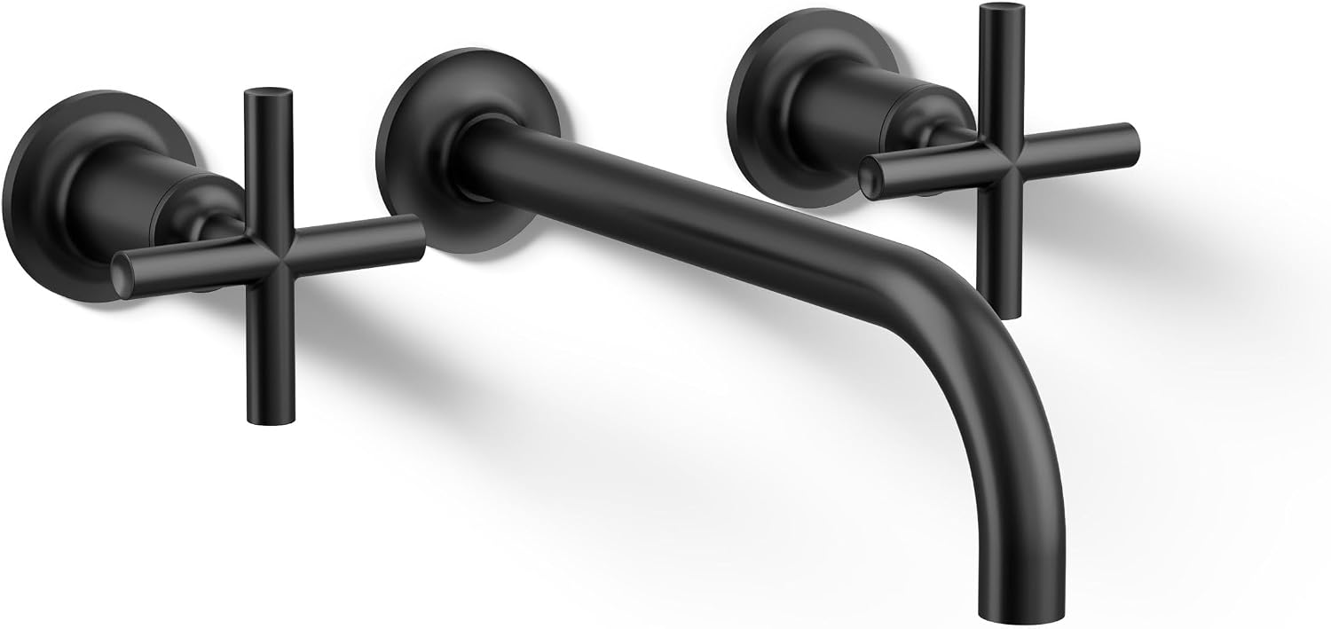 Kohler T14414-3-BL Purist® Wall-Mount Bathroom Sink Faucet Trim with Cross Handles, 1.2 gpm, Matte Black