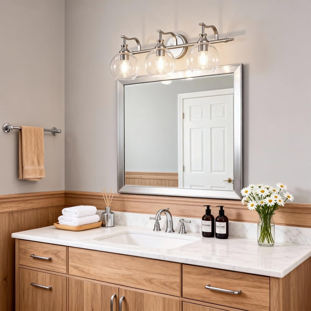 ANDY STAR 3 Light Bathroom Vanity Light, Brushed Nickel Bathroom Light Fixture, Modern Wall Sconces with Globe Clear Glass Shade, Wall Mounted Bathroom Light Over Mirror for Living Room, Foyer