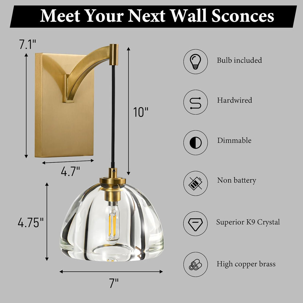 Crystal Brass Dome Wall Sconce - Luxury Brushed Lighting Fixture with K9 Crystals Cloche - Set of 2 Modern Gold Sconces - Dimmable Indoor Hanging Light for Bathroom Bedroom Living Room Stair Hallway