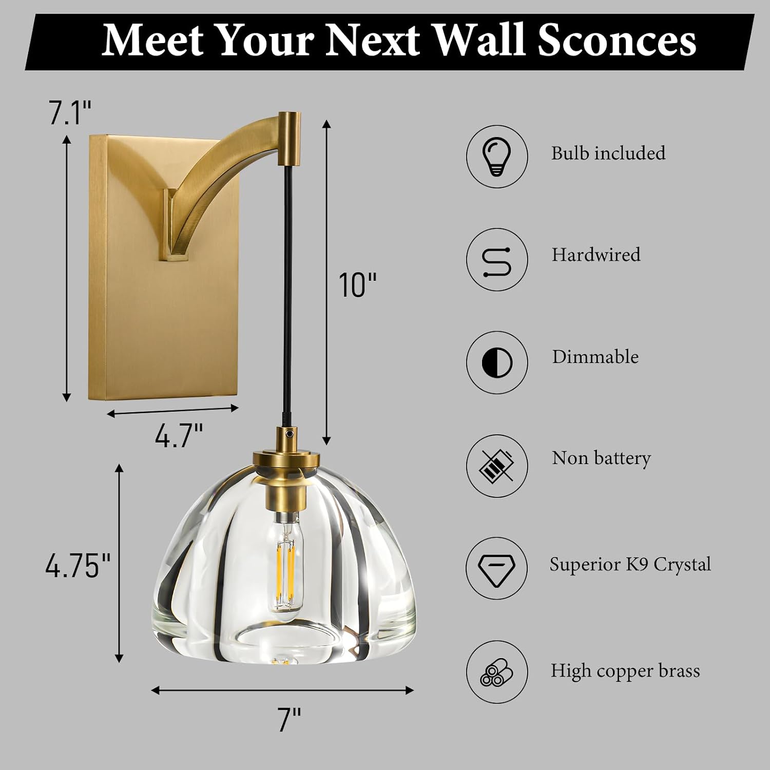 Crystal Brass Dome Wall Sconce - Luxury Brushed Lighting Fixture with K9 Crystals Cloche - Set of 2 Modern Gold Sconces - Dimmable Indoor Hanging Light for Bathroom Bedroom Living Room Stair Hallway
