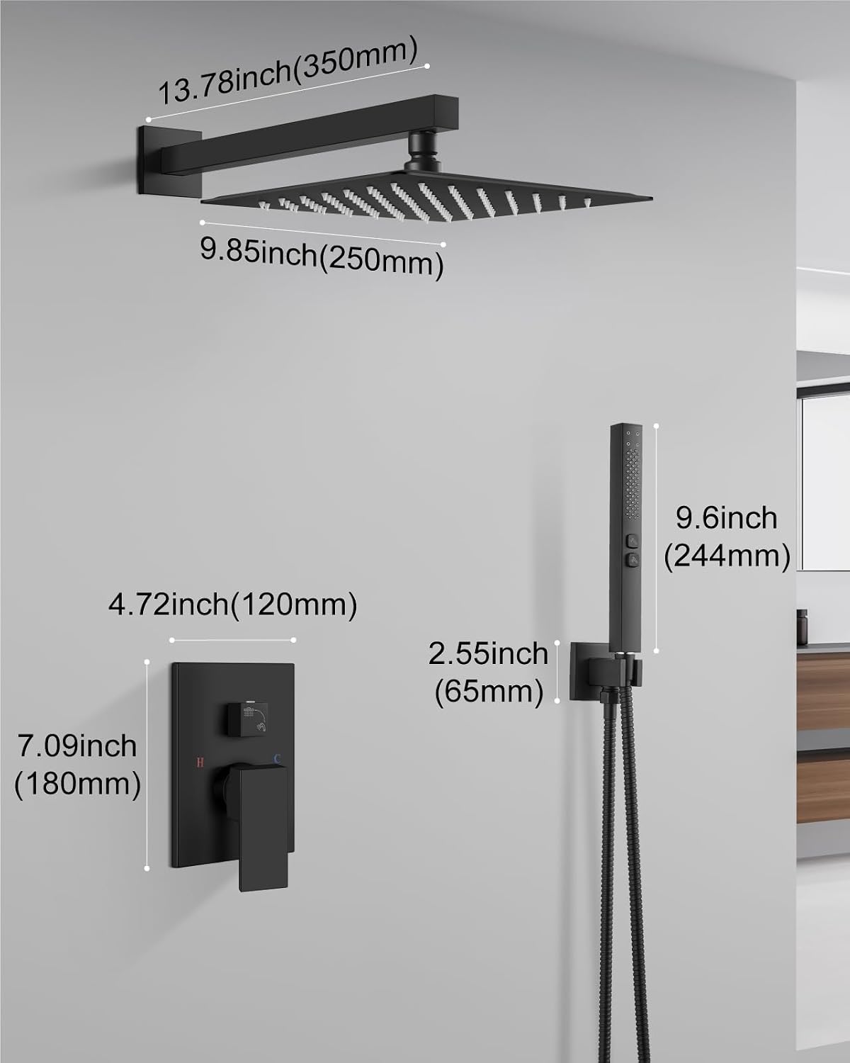Shower Faucet Set Rainfall Shower System with Square Showerhead and Handle Set Fixture with 2 in 1 Function Handheld Sprayer Wall Mounted Trim Repair Kit Rough-in Valve 10 Inch Matte Black