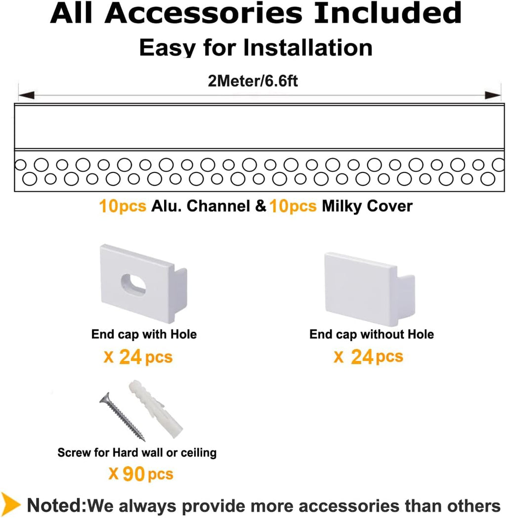 hunhun 10-Pack6.6ft/2Meter Drywall LED Aluminum Channel System with Milky Cover, End Caps and Mounting Clips, Aluminum Profile for LED Strip Light Installations (Single-Edge-6.6ft, 10)