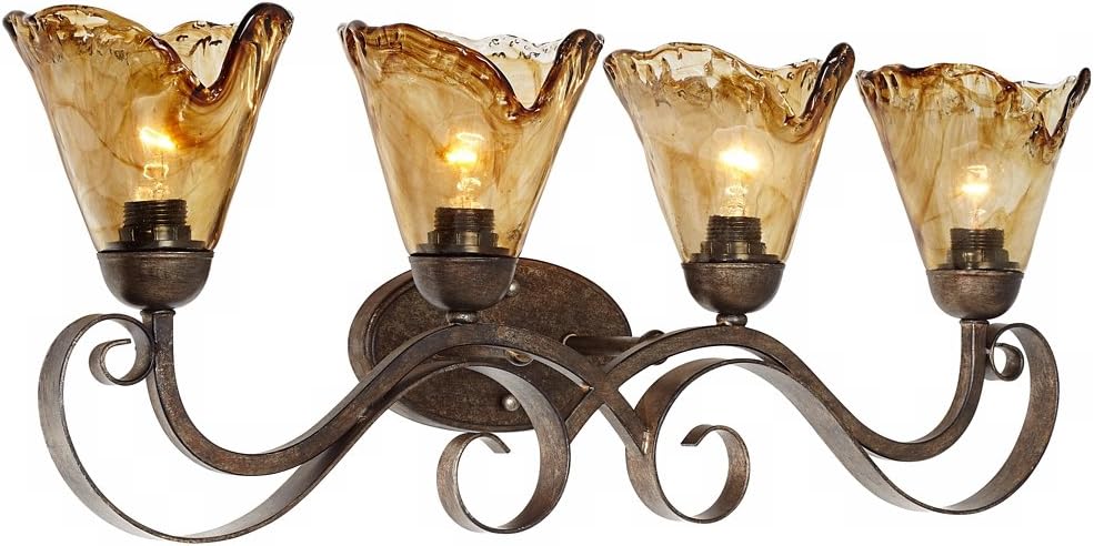 Franklin Iron Works Amber Scroll Rustic Vintage Wall Mount Light Golden Bronze Silver Metal 29 1/2' Wide 4-Light Vanity Fixture Organic Art Glass Shades Decor for Bathroom Over Mirror House Home