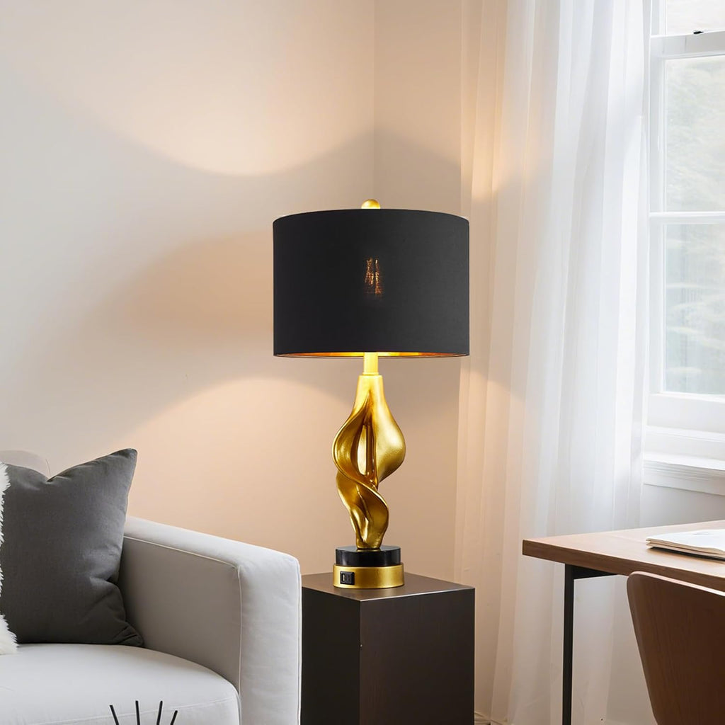 25.5'' Set of 2 Modern Table Lamps for Living Room Bedroom, Gold Leaf Sculptural Bedside Lamps with Marble Base and USB C+A Ports for Office End Tables Nightstand, 2 Bulbs Included