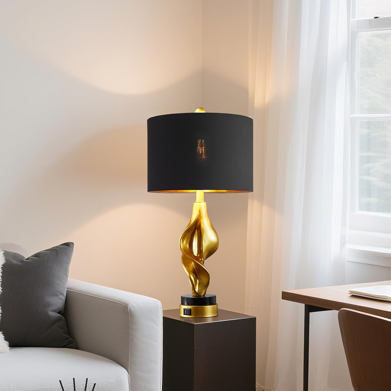 25.5'' Set of 2 Modern Table Lamps for Living Room Bedroom, Gold Leaf Sculptural Bedside Lamps with Marble Base and USB C+A Ports for Office End Tables Nightstand, 2 Bulbs Included