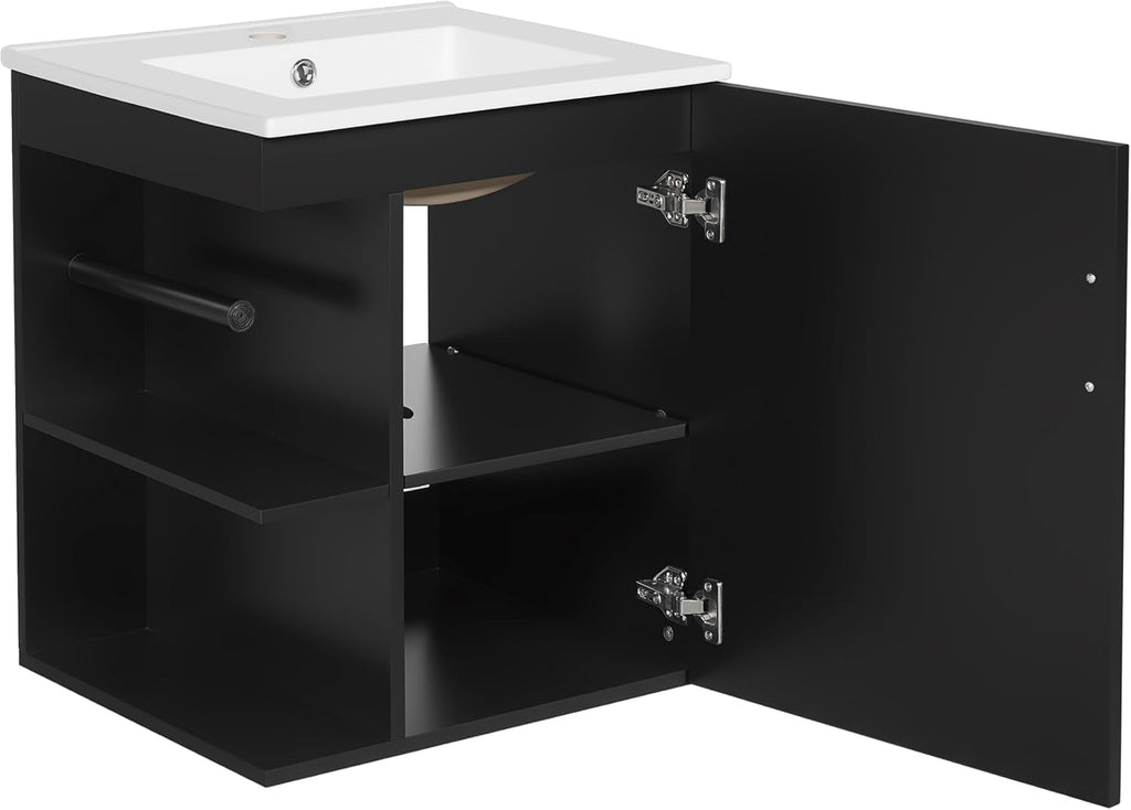 20 Inch Wall Mounted Bathroom Vanity with Sink Top,Small Floating Bathroom Vanity with Side Shelves & Toilet Paper Holder,Compact Storage with Soft Closing Door,Herringbone Front,Black