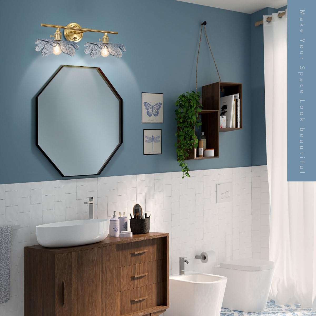 2 Light Bathroom Vanity Light Gold Brass Wall Sconce with Blue Flower Glass Shade Mid Century Wall Light Vintage Wall Sconce Art Deco Bathroom Lights Over Mirror for Bedroom Hallway Living Room