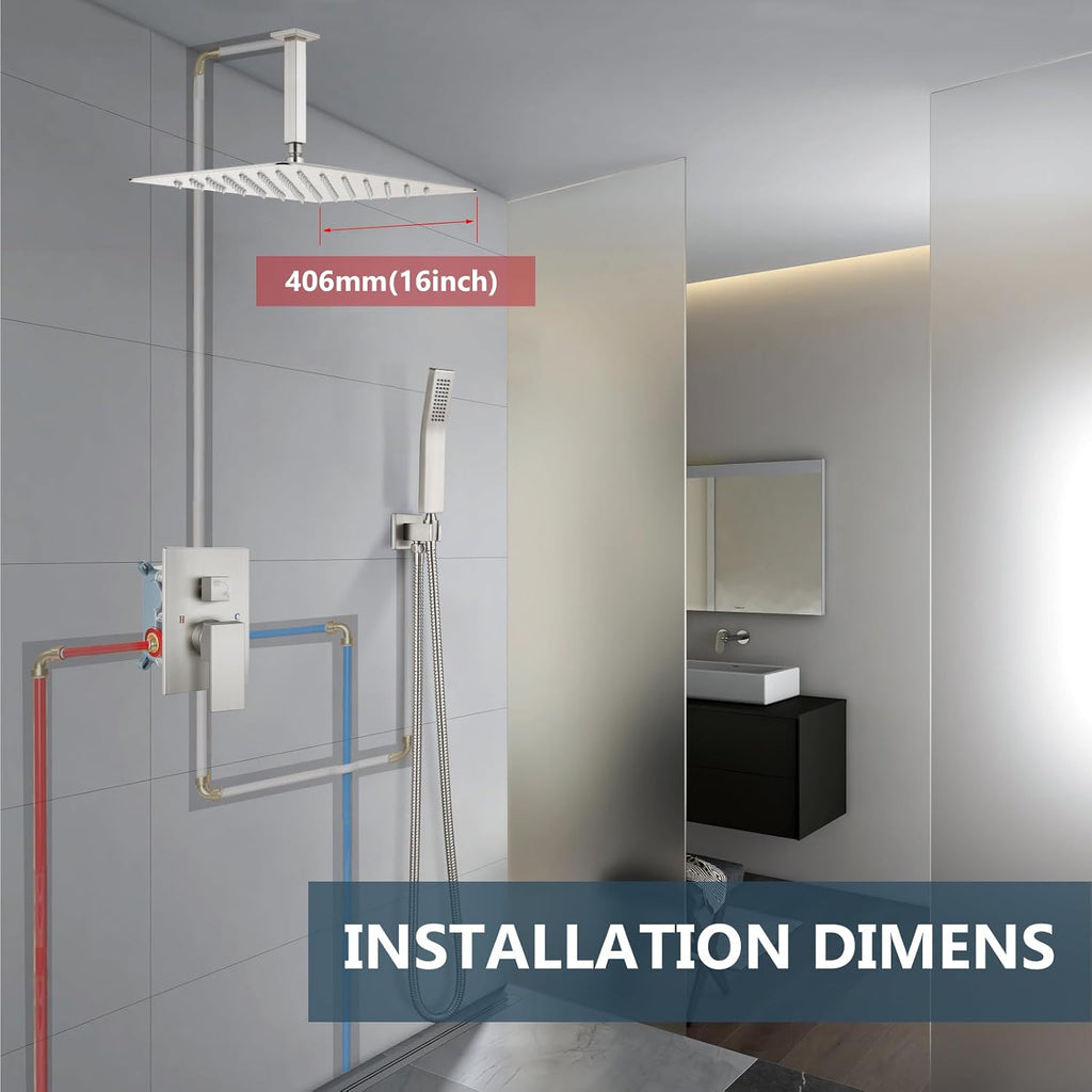 Aolemi Ceiling Mount Shower System Rain Shower Head with Handheld Spray High Pressure Shower Faucet Set Rough-in Valve Shower Trim Kit Included Bathroom Brushed Nickel 16 Inch Ceiling Shower Head
