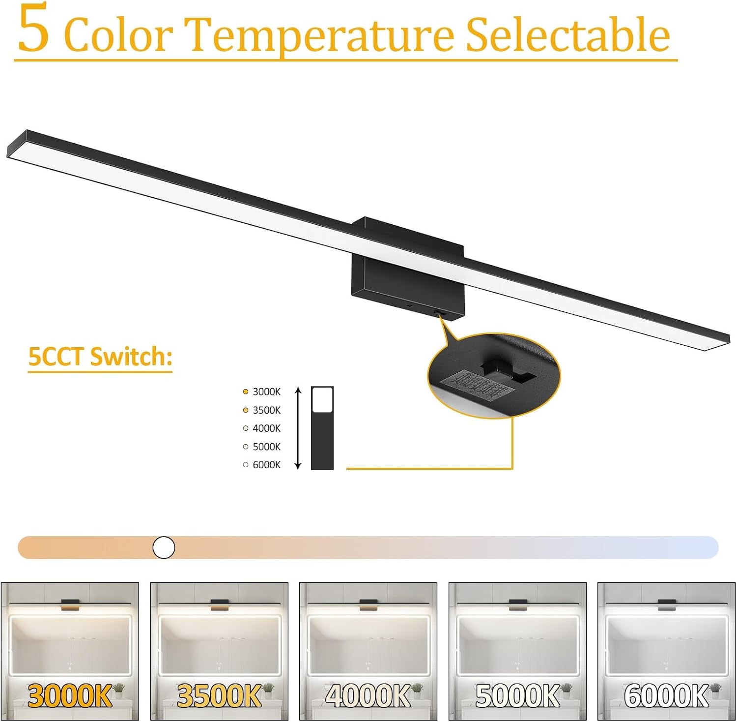 Ralbay 5 Color Temperature Dimmable Mdoern Black Vanity Light for Bathroom Lighting 48inch Acrylic LED Modern Black Bathroom Wall Lighting Fixtures Over Mirror