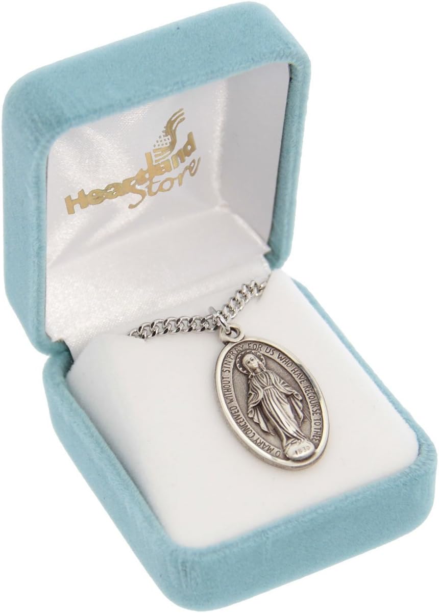 Heartland Store Men's Sterling Silver Classic Miraculous Medal Etched Border Necklace + USA Made + Chain Choice