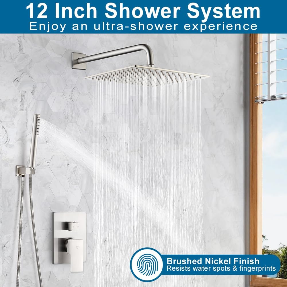 Shower Faucet Set Brushed Nickel Rainfall 12 Inch Shower Head and Handle Set Bathroom Rain Shower System Wall Mounted Shower Fixture Include Shower Valve and Trim Kit