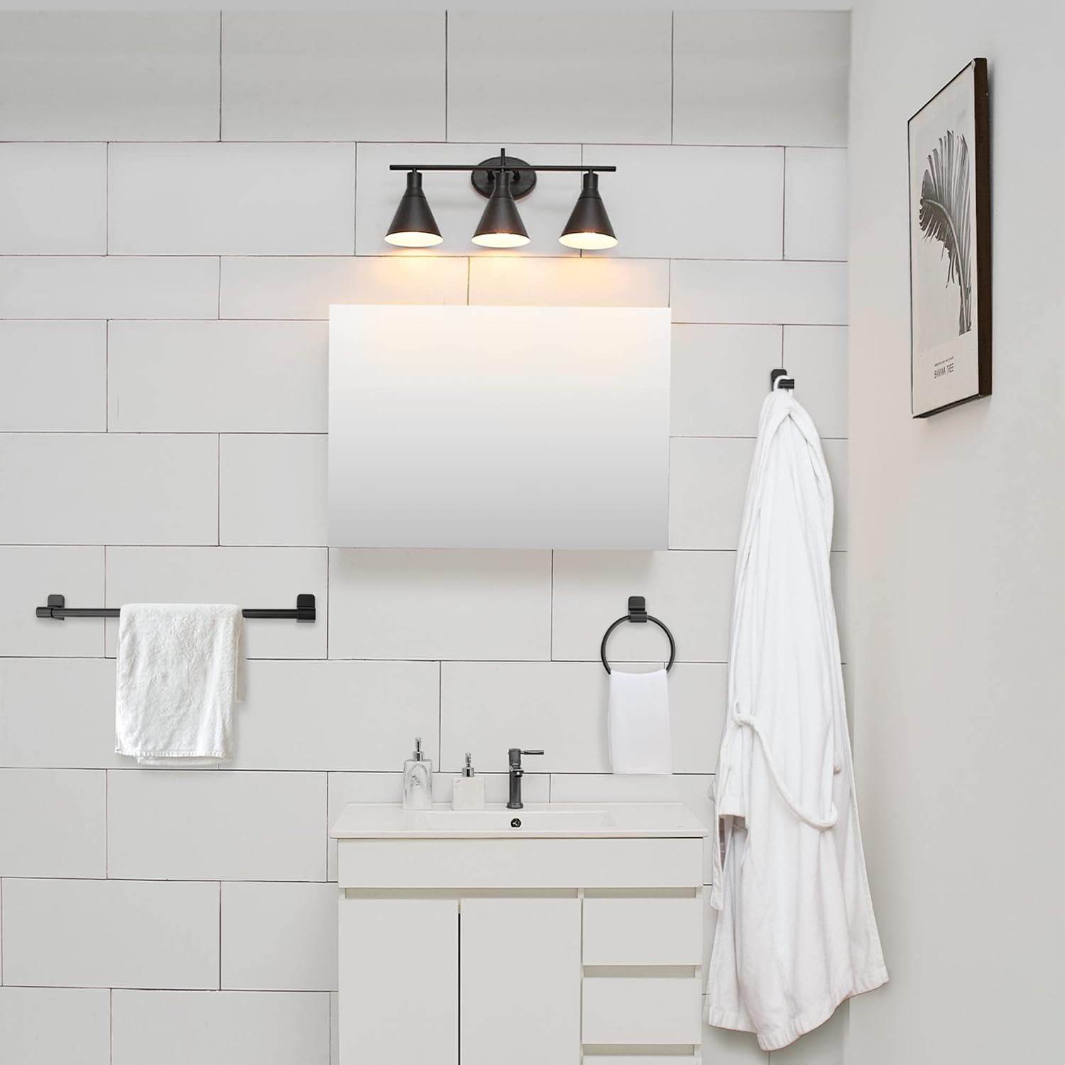 Globe Electric 52060 Tristan 5-Piece All-In-One Bathroom Set, Matte Black, 3-Light Vanity Light, Towel Bar, Toilet Paper Holder, Towel Ring, Robe Hook