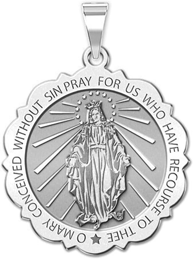 PicturesOnGold.com Miraculous Medal Scalloped Round 10K And14K Yellow or White Gold, or Sterling Silver