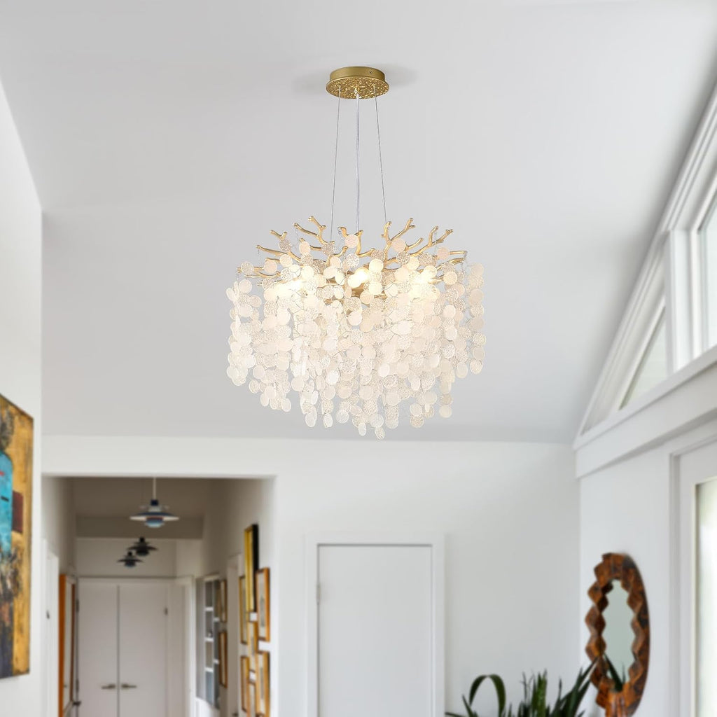 18-Inch Coastal Chandelier, 6-Light Gold Tree Branch Chandelier, Modern Foyer Bedroom Chandeliers with Adjustable Height, Round Crystal Pendant Light Fixtures for Entryway Dining Room, E12