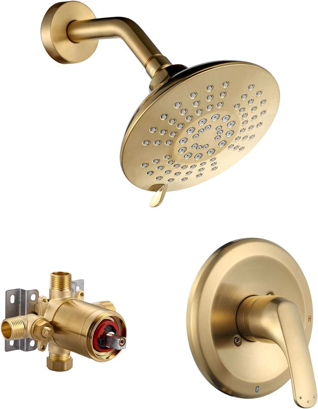 Shower Faucet with Valve, Bathroom Shower Faucet Kit, Solid Brass Shower Head Faucet Set Complete, Single Handle Rain Shower Head Trim Kit for Bathroom, Brushed Gold