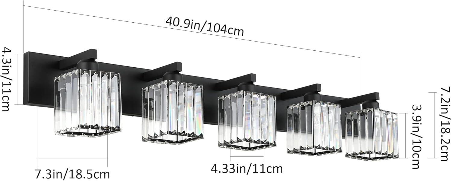 Aipsun Bathroom Vanity Light Black Light Fixtures 5 Light Crystal Vanity Light Modern Bathroom Lighting (Exclude Bulb)