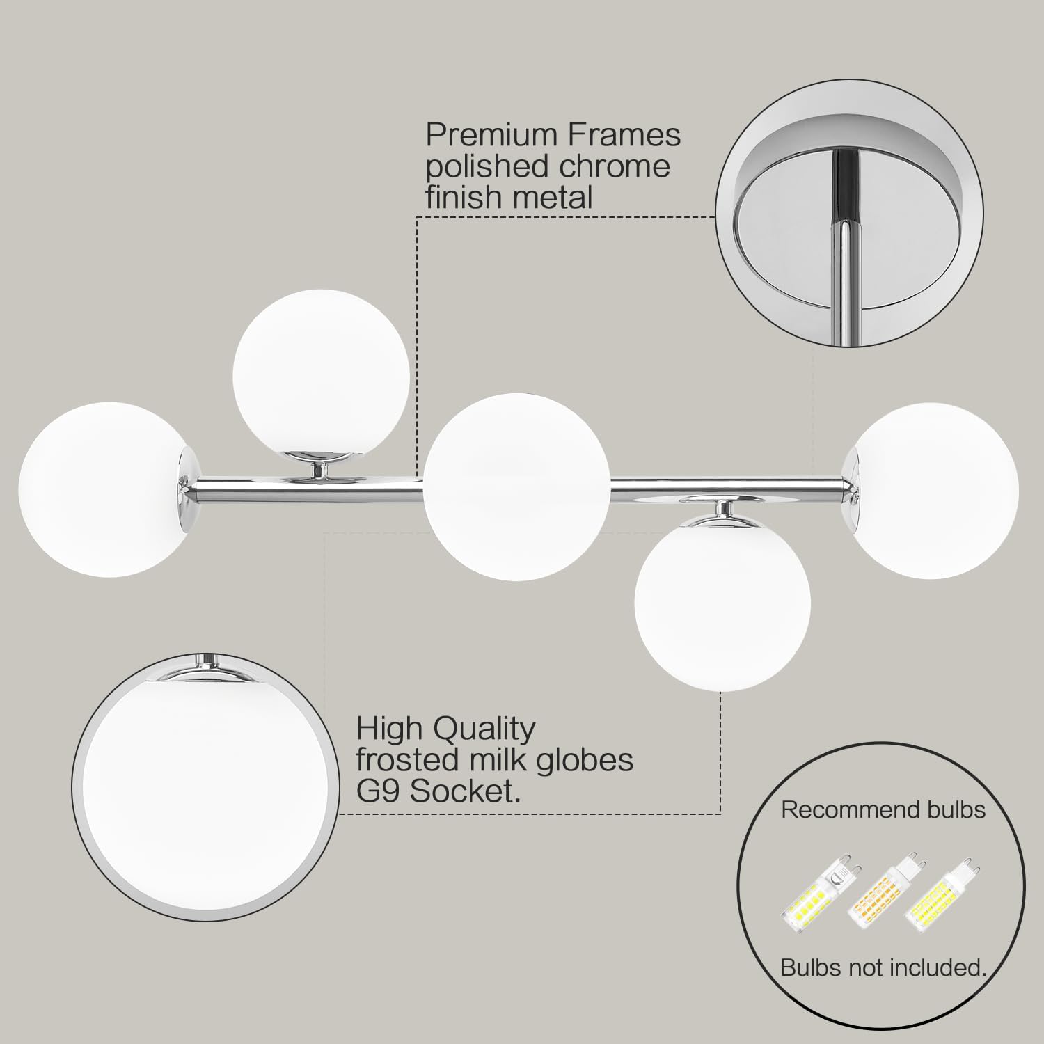 Bathroom Vanity Lights, Mid Century Modern 5-Light Bathroom Light Fixtures, Chrome Bathroom Lights Ceiling Light, Wall Sconces Wall Mount Light Fixtures with Milk Globe Glass, Chrome Finish, G9 Base