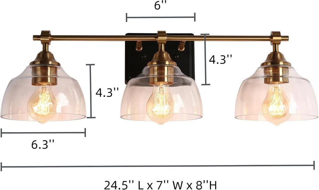 Bathroom Light Fixtures, 3-Light Black and Gold Vanity Lights with Large Clear Dome Glass Shade, 24.5'' Modern Black Brass Bathroom Lighting Over Mirror