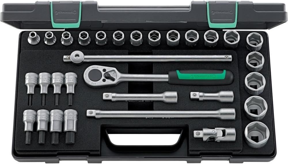 Stahlwille 96031239 Socket Set 1/2' No. 52/54/25/6, 31 Pieces (17 Sockets with Hexagon, 8 INHEX Sockets, 1 Ratchet, 3 Extensions, 1 T-Handle, and 1 Universal Joint), Made in Germany