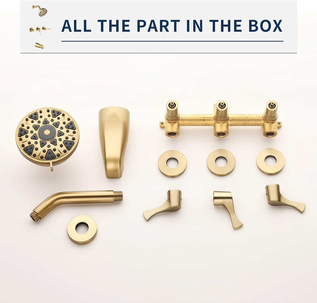 3 Handles Shower Faucet Set with Tub Spout Bathtub Shower Faucet Combo Set Shower System Complete Tub and Shower Trim Kit Brushed Gold Shower Set