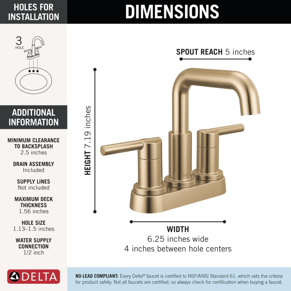 Delta Nicoli Centerset Brushed Gold Bathroom Faucet with Sprayer, 4 Inch 3 Hole Bathroom Sink Faucet with Pull Out Sprayer, Push-Pop Drain, Champagne Bronze 25849LF-CZ