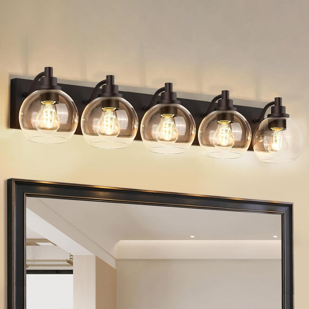 IZORRO Bathroom Light Fixtures, 5-Light Oil Rubbed Bronze Vanity Light, Modern Wall Sconces with Globe Clear Glass Shade, Vanity Lighting Fixtures Over Mirror,E26 Bulb Socket